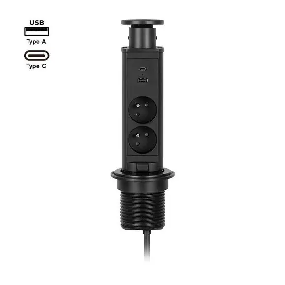 FKZS2_Slim přípojný zásuvkový sloupek 3x230V + USB-A+C_černý Dokud Zásoby Vydrží