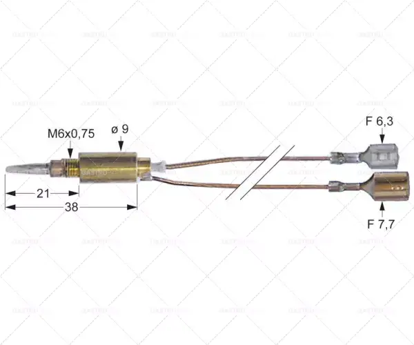 Vysoce Kvalitní termočlánek se dvěma vodiči L 750 mm M6x0,75 F 7,7 mm 6,3 mm F
