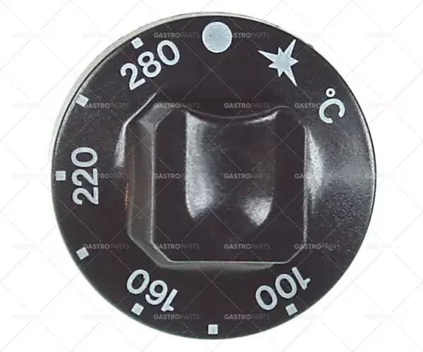 knoflík plynového termostatu t.max. 280°C ø 55mm hřídel ø 8x6,5mm hřídel plochá horní černá Cenově Výhodný