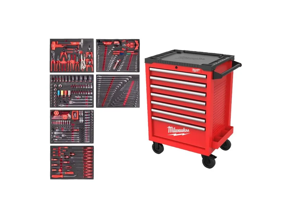 Oblíbený dílenský vozík TOOLGUARD™ 27″ / 69 cm 7 zásuvek červený 337 ks nářadí EU Premium Automotive 4932500754 MILWAUKEE