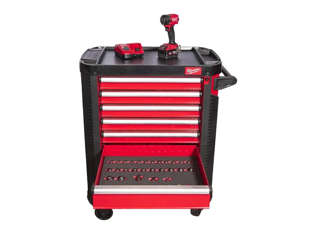Vrácení Zdarma dílenský vozík TOOLGUARD™ 30″ / 78 cm 7 zásuvek červený 246 ks nářadí EU Premium 4932493817 MILWAUKEE