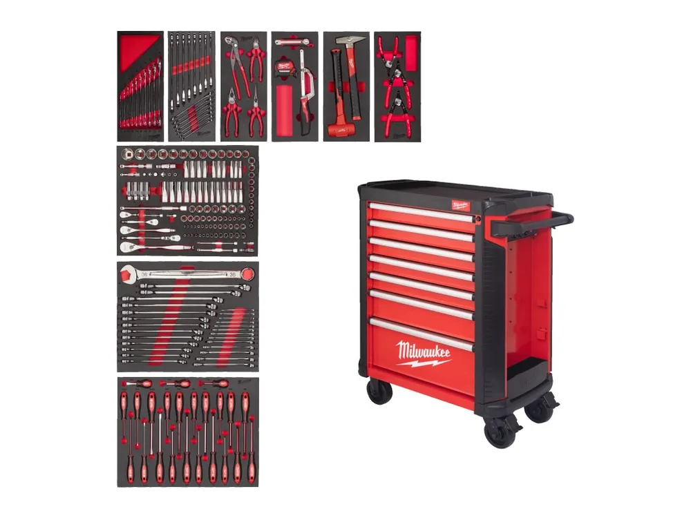 Must-Have dílenský vozík TOOLGUARD™ 30″ / 78 cm 7 zásuvek šedý 206 ks nářadí EU Standardní 4932500744 MILWAUKEE
