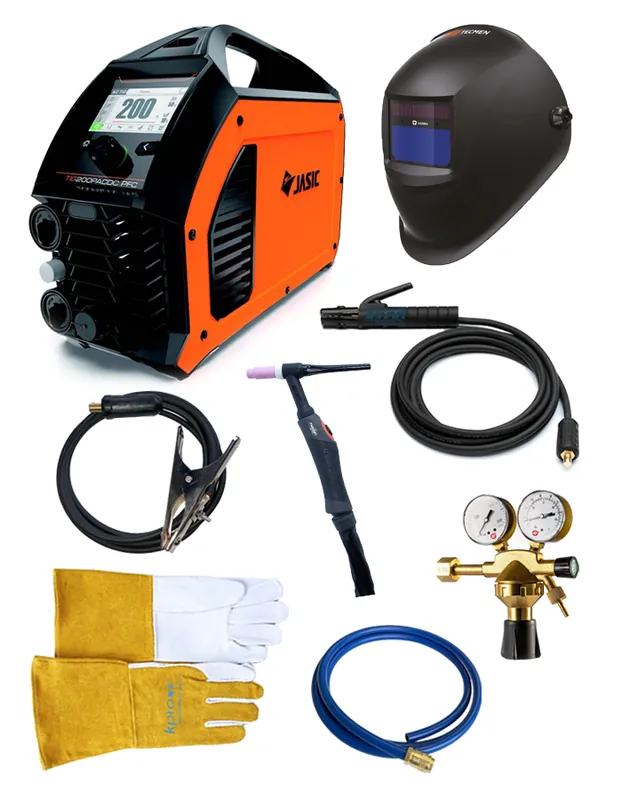 Schweißset – WIG JASIC 200 Pulse AC/DC PFC LCD mit Brenner, Druckminderventil, Haube, Kabel Aktuální