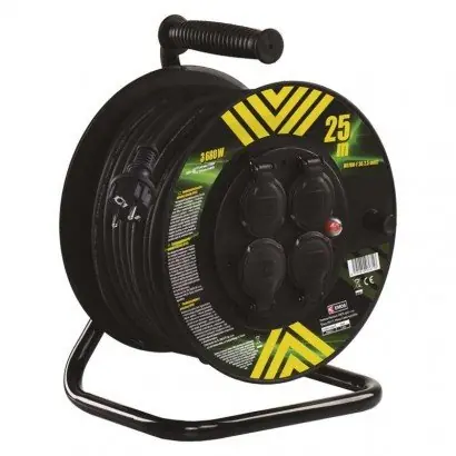 Venkovní prodlužovací kabel na bubnu 25 m 4 zás. černý guma-neopren 230V 2,5mm2 Akční Nabídka