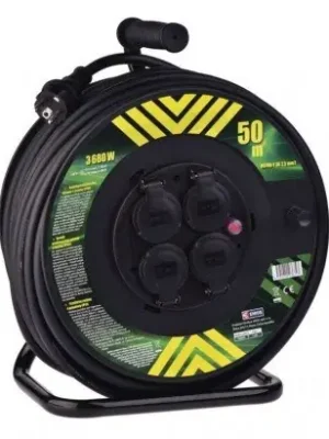Cenově Výhodný Venkovní prodlužovací kabel na bubnu 50 m 4 zás. černý guma-neopren 230V 2,5mm2