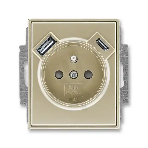 Zásuvka ABB TIME s kolíkem, s clonkami, USB-A/C šampaňská 5569E-A32357 33 Bezpečná Platba