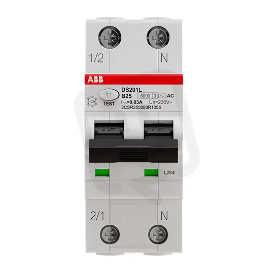 Super Cena ABB DS201 B25 AC30 kombinace jistič/chránič 2P (1P+N) 25A 30mA B 6kA AC